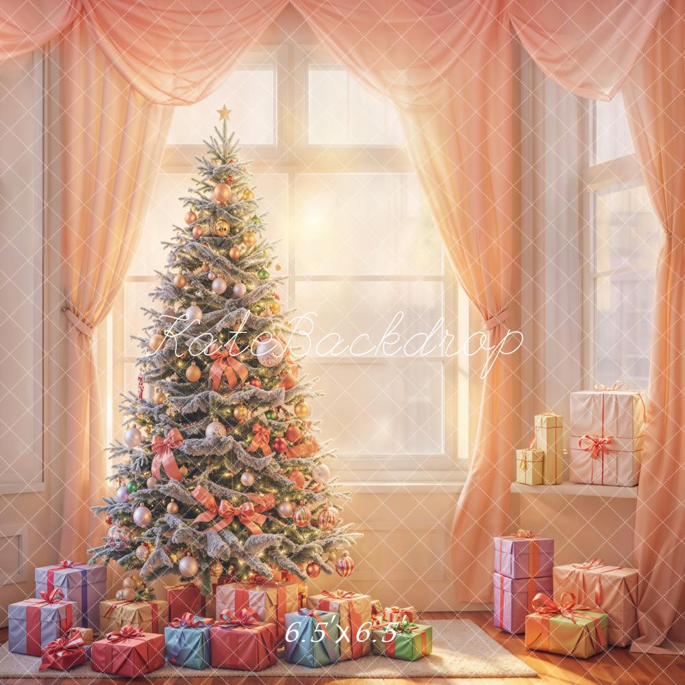 Kate Christmas Tree Pink Curtain White Window Printed Backdrop Designed by Emetselch
