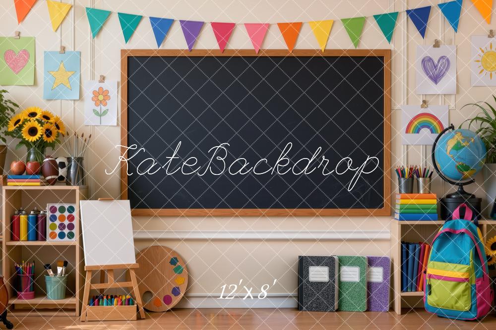 Kate Back To School Classroom Chalkboard Colorful Bunting Printed Backdrop Designed by Mini MakeBelieve