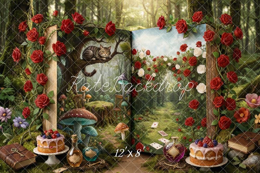 Kate Fairy Fantasy Open Book Forest Roses Mushrooms Cat Backdrop Designed by Emetselch