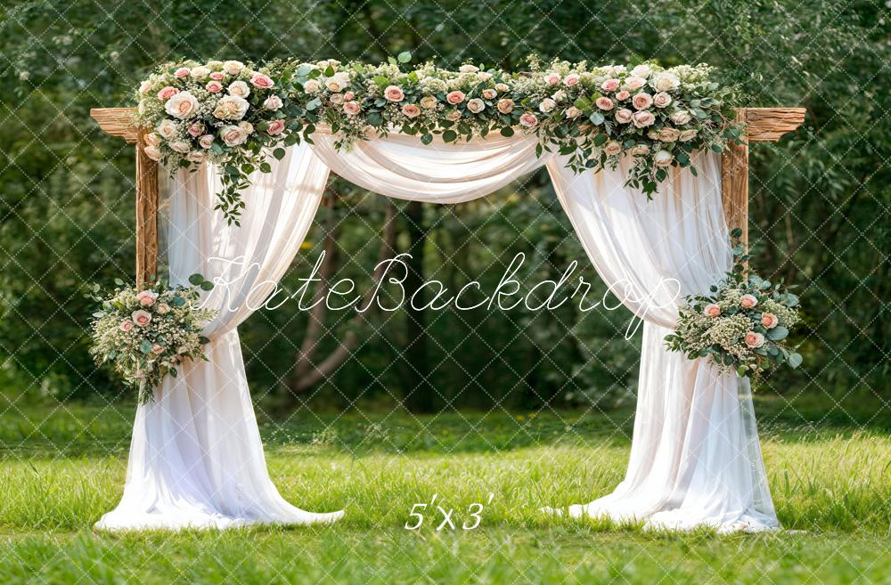 Kate Spring Floral Arch White Drapes Greenery Backdrop Designed by Chain Photography
