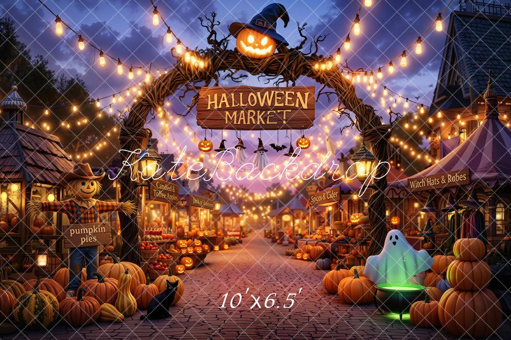 Kate Halloween Market Arch Pumpkins Ghost String Lights Printed Backdrop Designed by Chain Photography