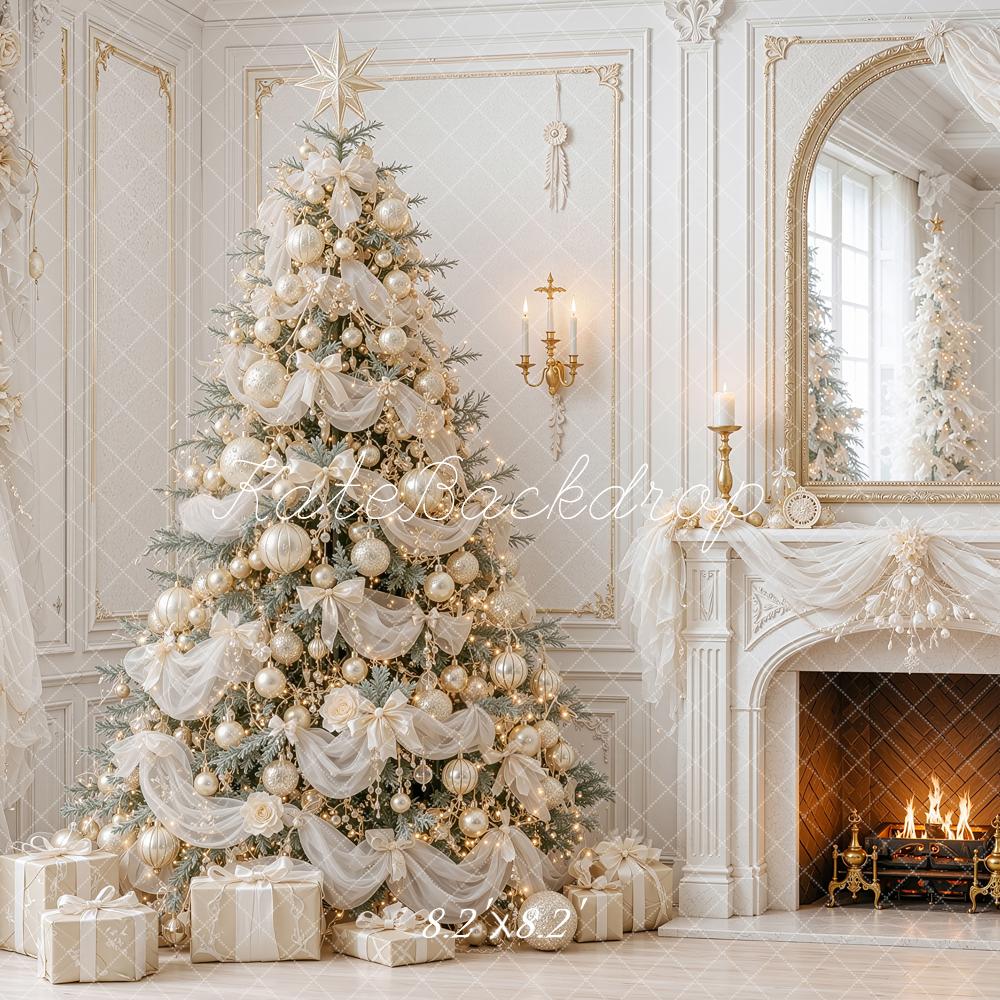 Kate Christmas Tree Luminous Ivory Tulle Fireplace Mirror Printed Backdrop Designed by Shutter Swan Studios