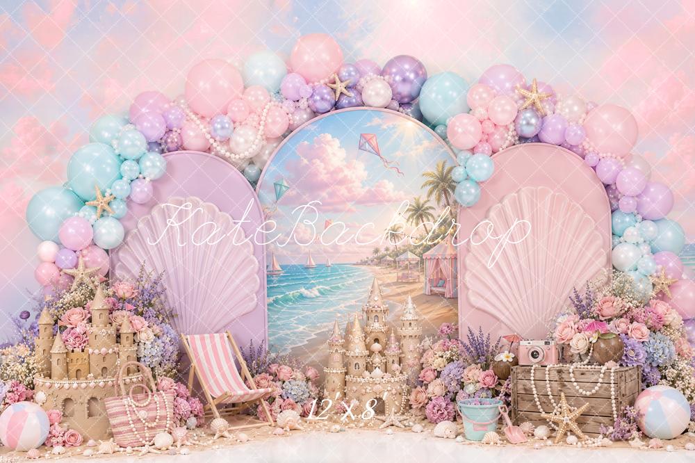 Kate Mermaid Pink Beach Shell Balloon Sandcastle Printed Backdrop Designed by Ashley Paul