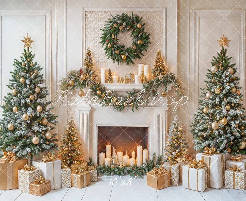 Kate Christmas Fireplace Trees Wreath Gold Ornaments Gifts Backdrop Designed by Emetselch