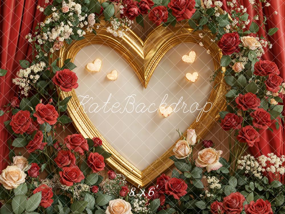 Kate Valentine's Day Heart Frame Red Roses Gold Floral Backdrop Designed by Emetselch