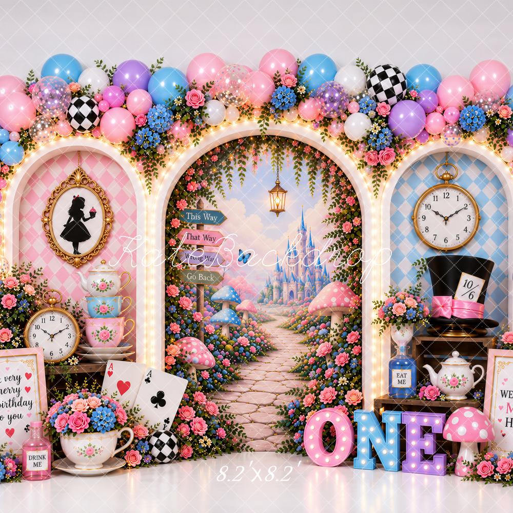 Kate First Birthday Whimsical Wonderland Tea Party Balloon Arch Printed Backdrop Designed by Ashley Paul