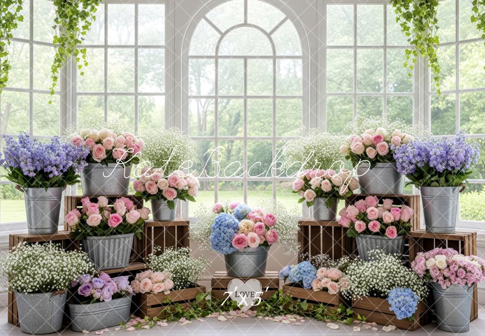 Kate Pastel Flower Buckets Wooden Crates Window Backdrop Designed by Patty Roberts