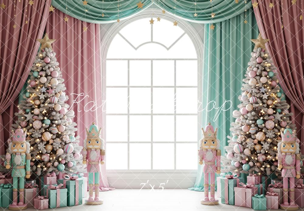 Kate Christmas Nutcracker Pink Teal Christmas Tree Window Curtains Backdrop Designed by Patty Roberts