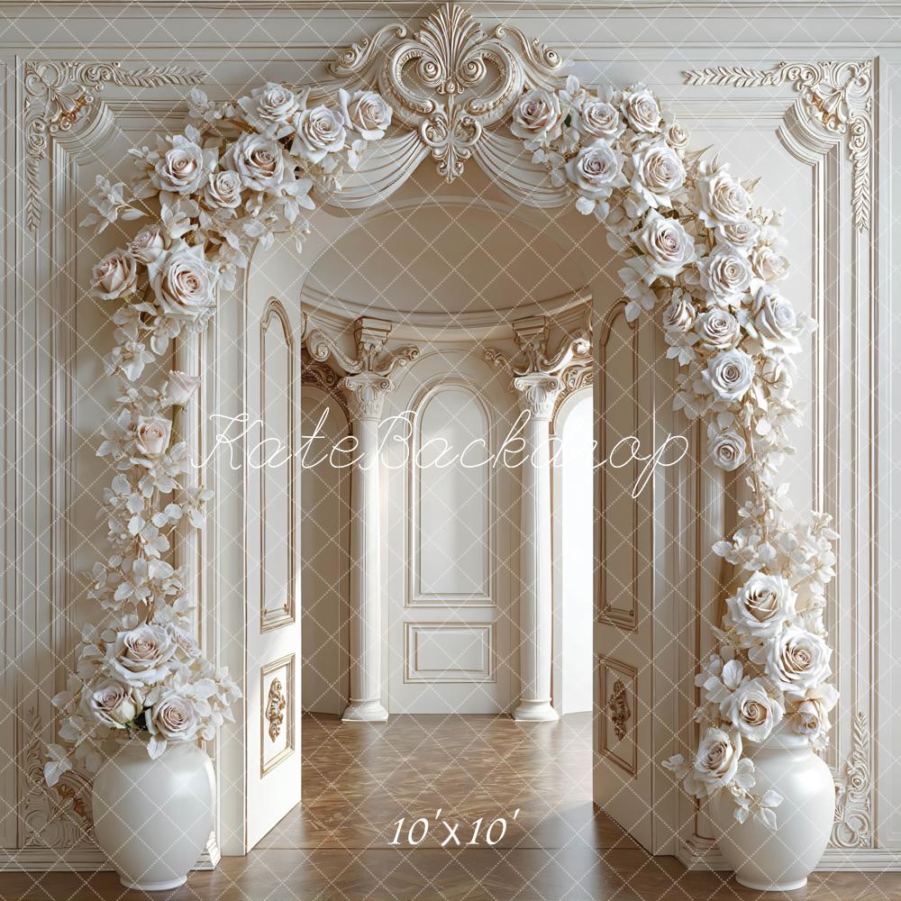 Kate Flower Arch Cream Roses Ornate Wall Printed Backdrop Designed by Mini MakeBelieve