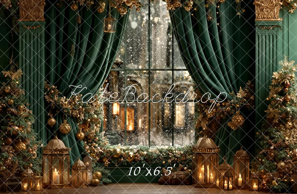 Kate Christmas Green Curtains Window Garland Lanterns Backdrop Designed by Emetselch