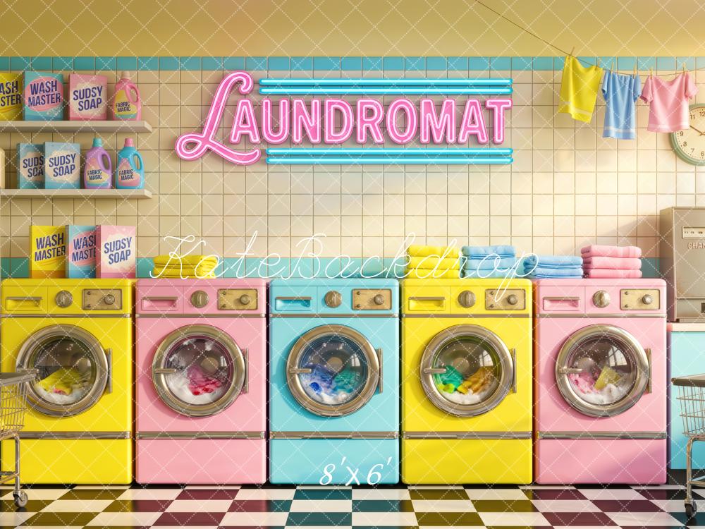Kate Retro Pastel Laundromat Washing Machines Printed Backdrop Designed by Patty Roberts