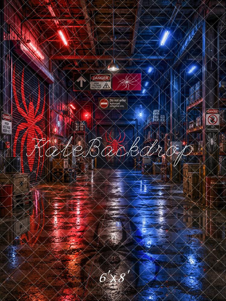 Kate Urban Red Blue Industrial Spider Warehouse Printed Backdrop Designed by Emetselch