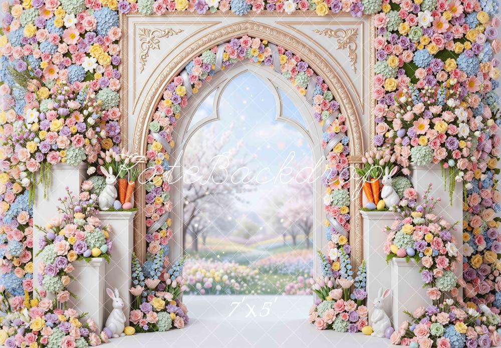 Kate Easter Bunny Flower Arch Pastel Garden Printed Backdrop Designed by Mini MakeBelieve