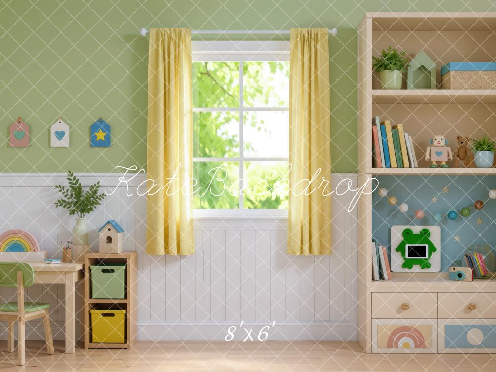 Kate Kids Toys Playroom Window Cabinet Desk Printed Backdrop Designed by Mini MakeBelieve
