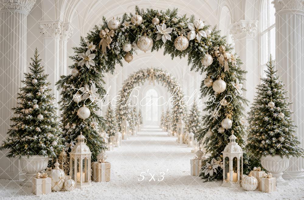 Kate Christmas Flower Archway White Gold Trees Lanterns Columns Printed Backdrop Designed by Emetselch