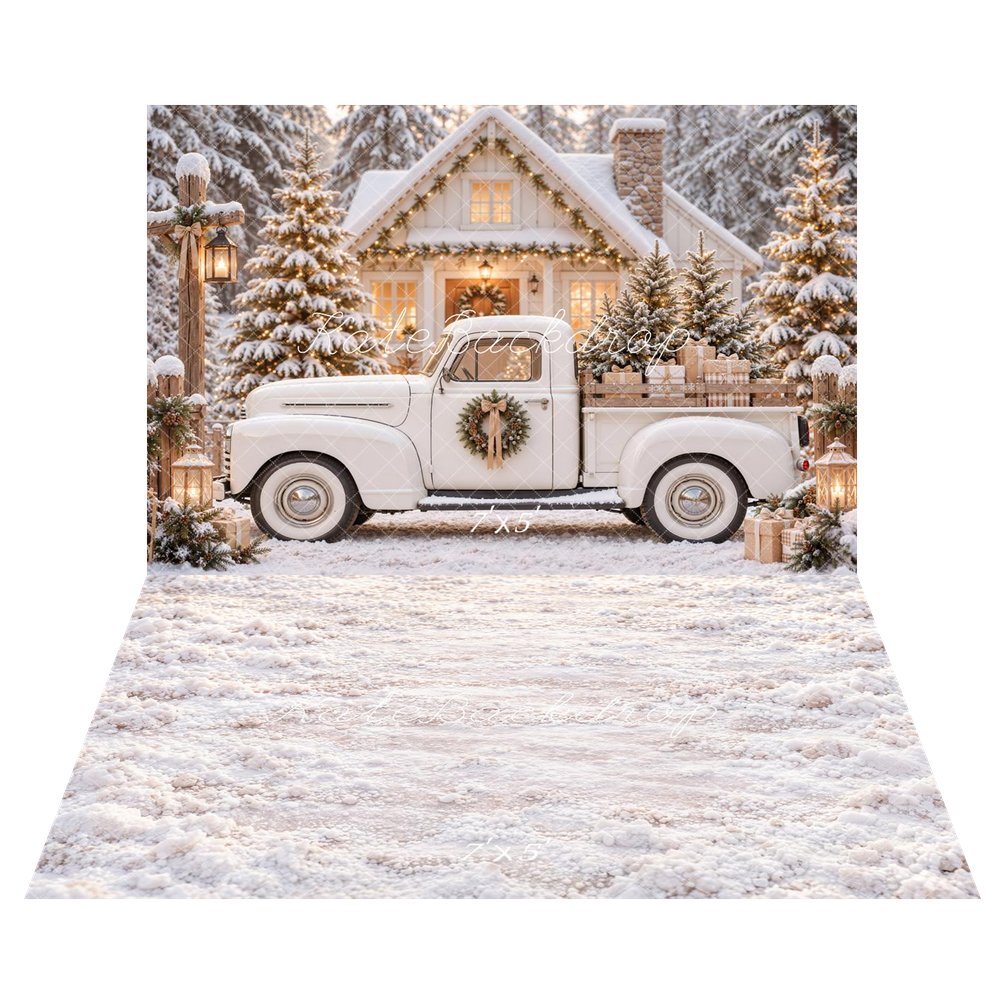 Kate Christmas Vintage Truck Snowy Cabin Printed Backdrop+White Snowy Floor Printed Backdrop