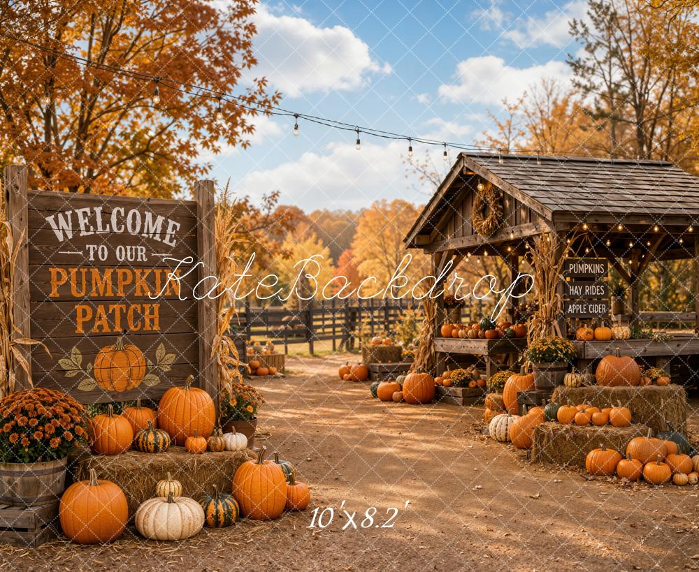 Kate Fall Orange Pumpkin Patch Farm Stand Printed Backdrop Designed by Emetselch