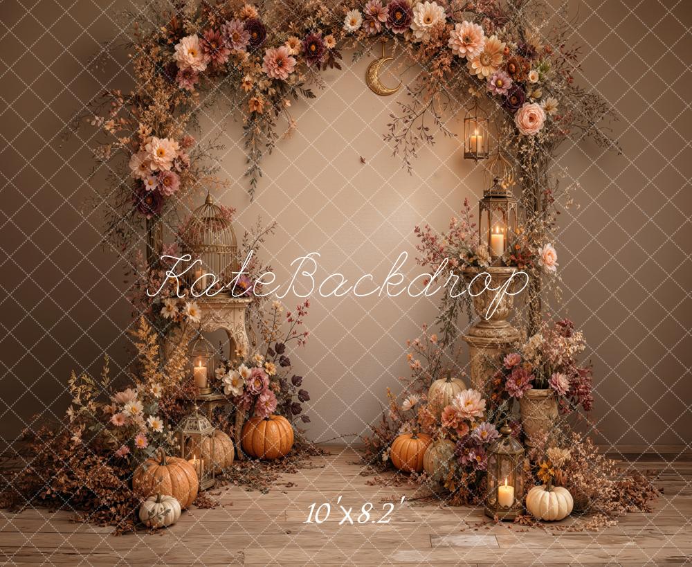 Kate Fall Floral Arch Pumpkins Lanterns Birdcage Printed Backdrop Designed by Jordan Moon