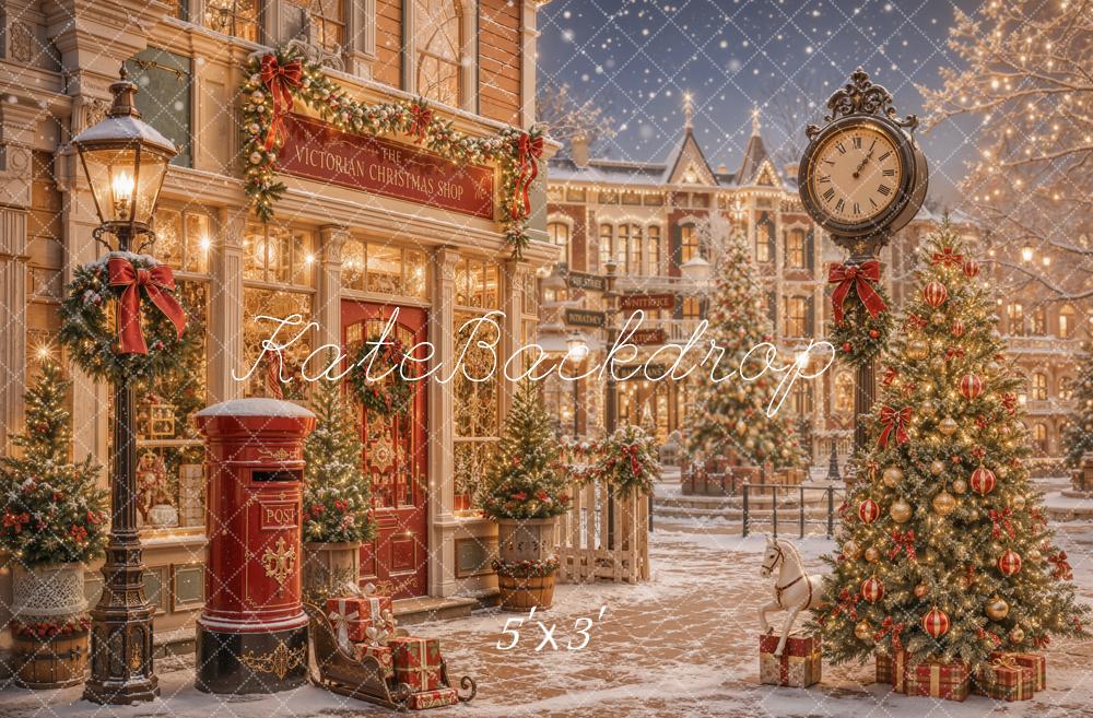 Kate Christmas Victorian Street Clock Lamp Post Christmas Tree Gifts Printed Backdrop Designed by Emetselch