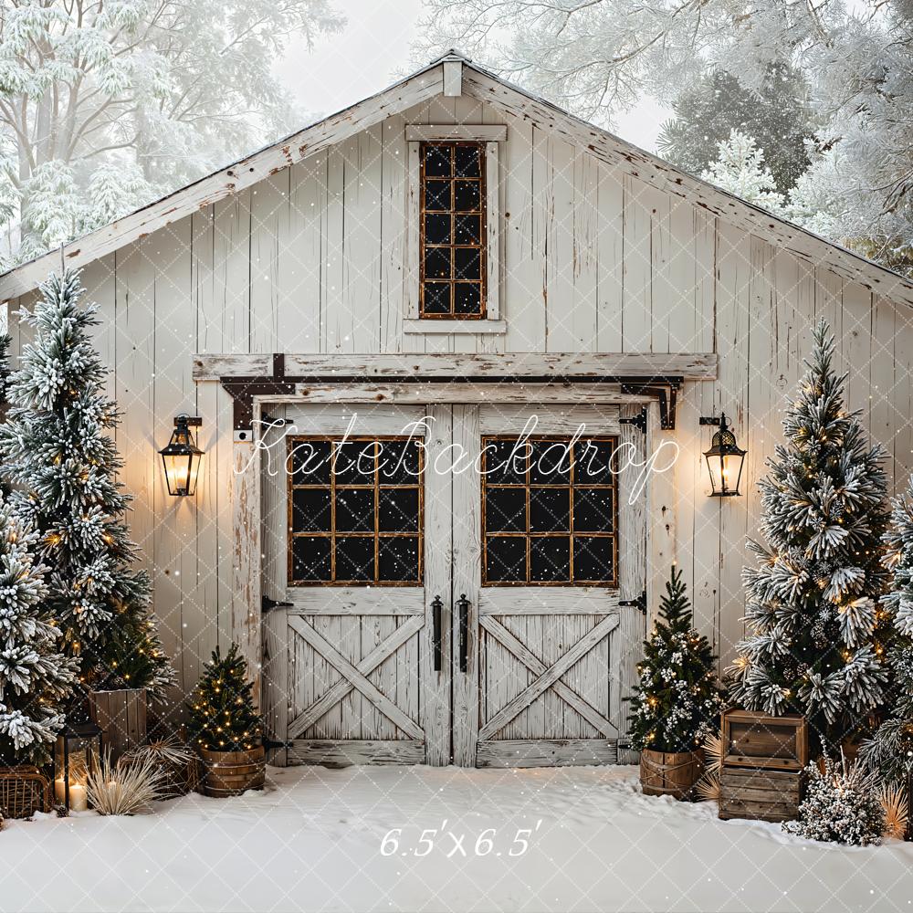 Kate Christmas Winter Snowy Barn Pine Trees Lanterns Backdrop Designed by Emetselch
