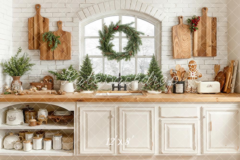 Kate Christmas Kitchen Cabinet Window Wreath Trees Wooden Cutting Boards Backdrop Designed by Emetselch