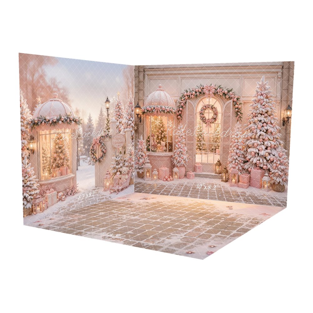 Kate Christmas Shop Pink Snowy Trees Garland Wreath Gift Boxes Printed Backdrop Room Set