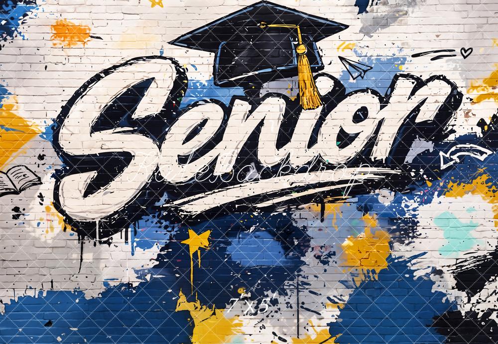 Kate Senior Graffiti Graduation Cap Blue Yellow Brick Wall Printed Backdrop Designed by Emetselch