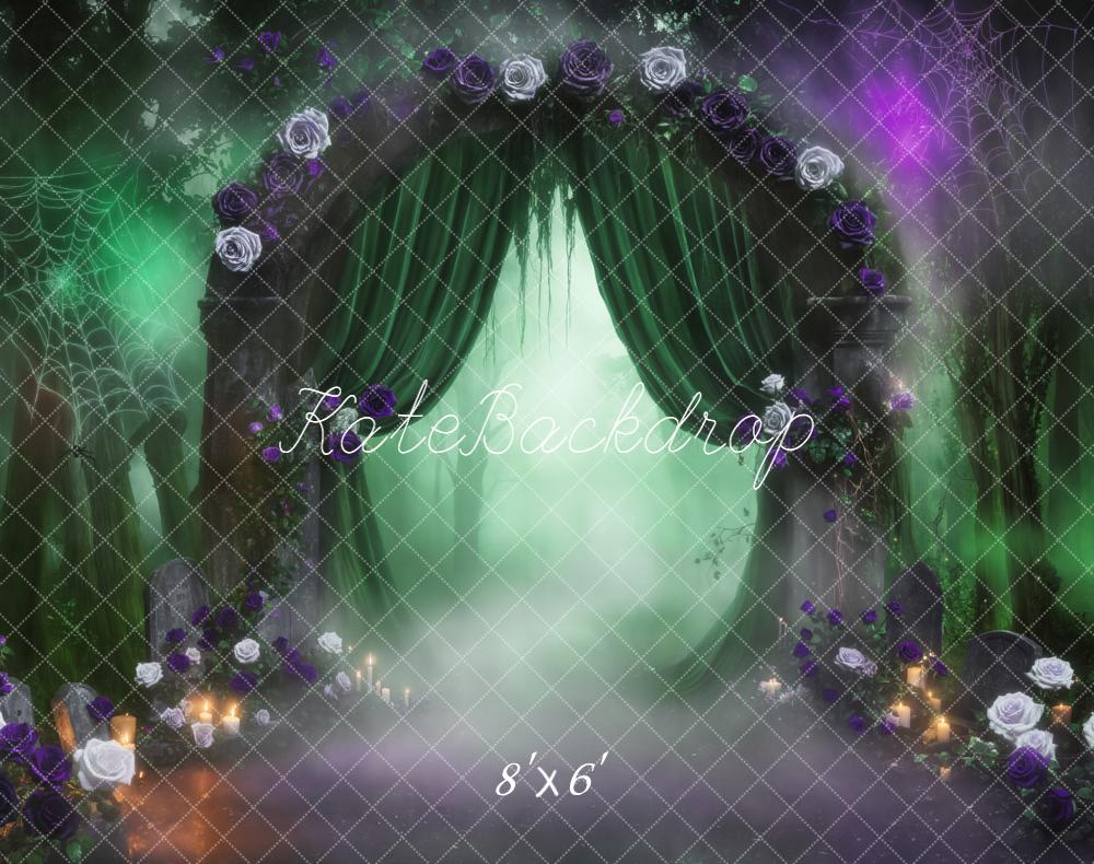 Kate Halloween Gothic Misty Forest Arch Green Curtains Spiderweb Backdrop Designed by Emetselch