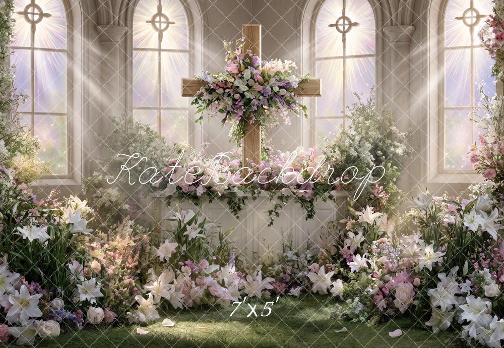 Kate Church Stage Cross Wedding Floral Window Printed Backdrop Designed by Angela Miller