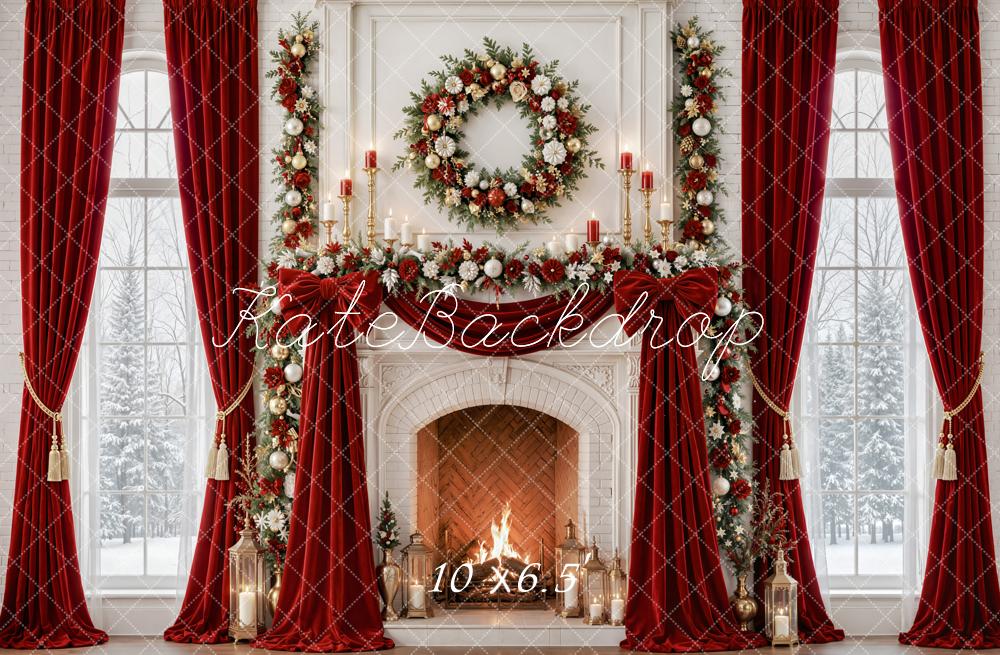 Kate Christmas Red Curtains Fireplace Wreath Garland Printed Backdrop Designed by Emetselch