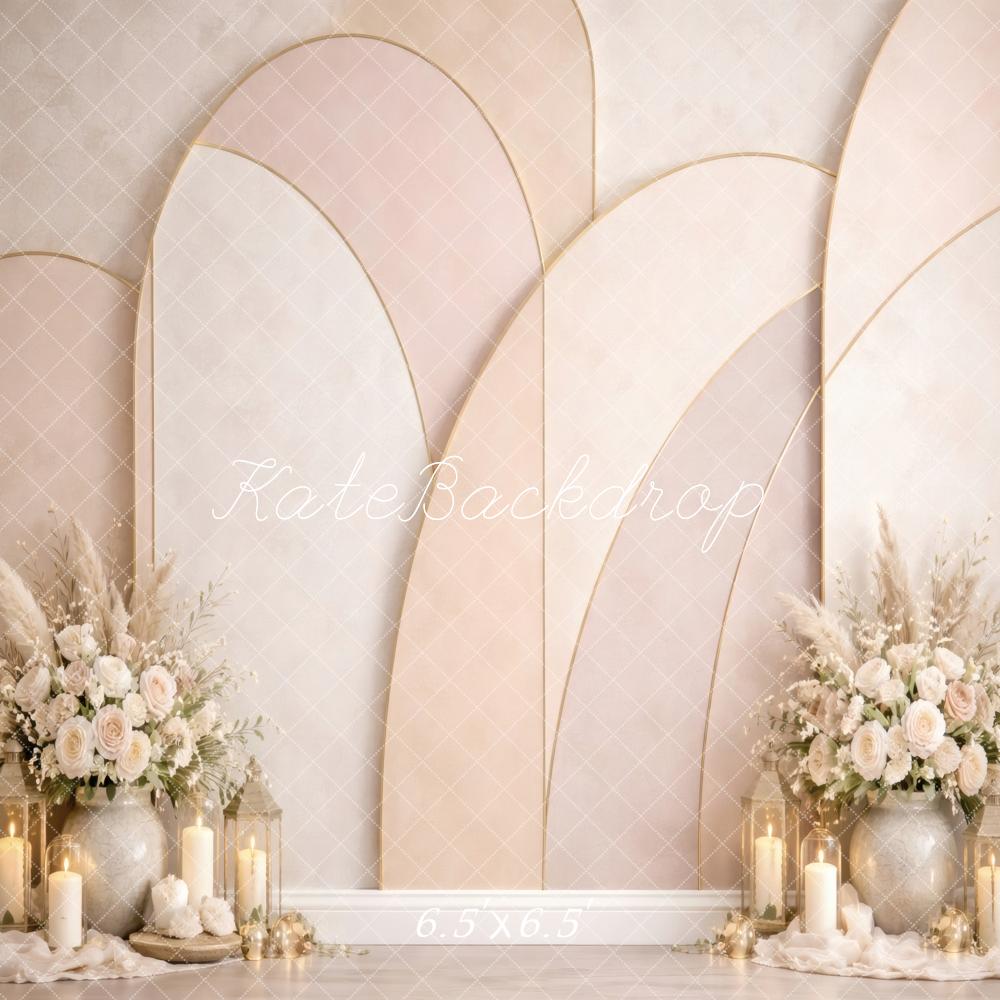 Kate Beige Arch Panels Floral Arrangement Candles Printed Backdrop Designed by Vertigo Productions