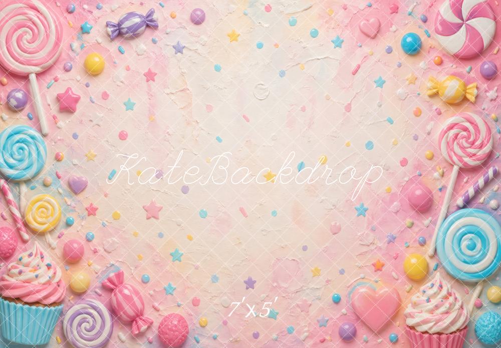 Kate Birthday Pastel Candy Cupcakes Lollipops Sweets Printed Backdrop Designed by Vertigo Productions