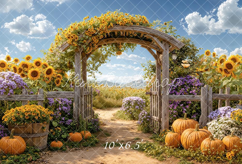 Kate Fall Flower Arch Sunflowers Field Pumpkins Rustic Backdrop Designed by Emetselch
