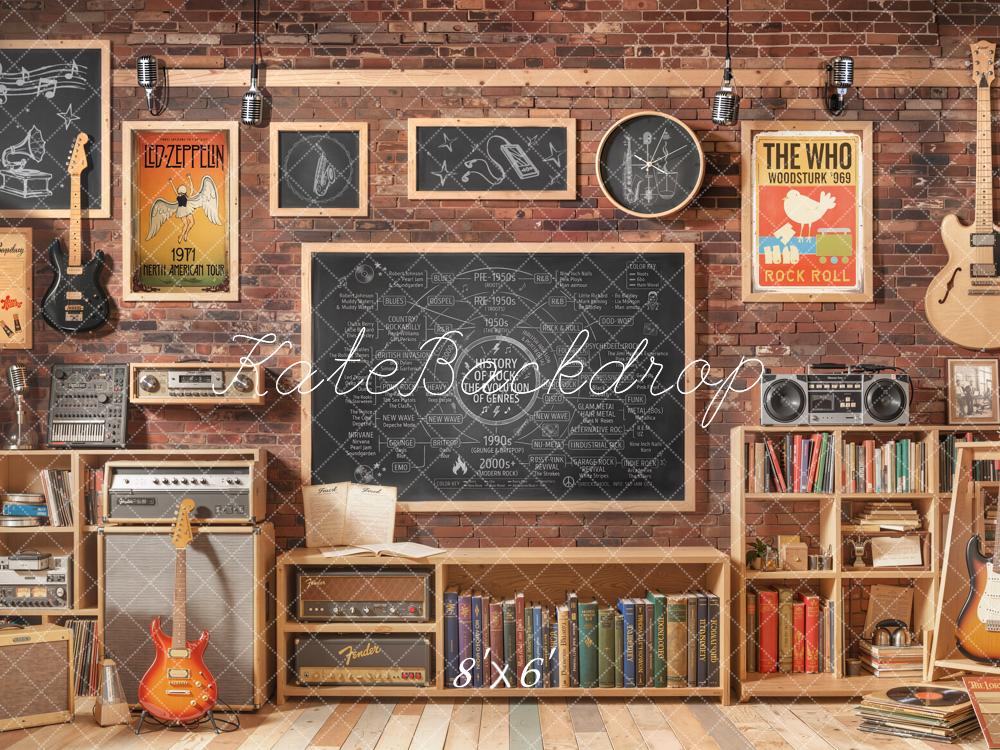 Kate Retro Music Classroom Brick Wall Guitars Printed Backdrop Designed by Emetselch