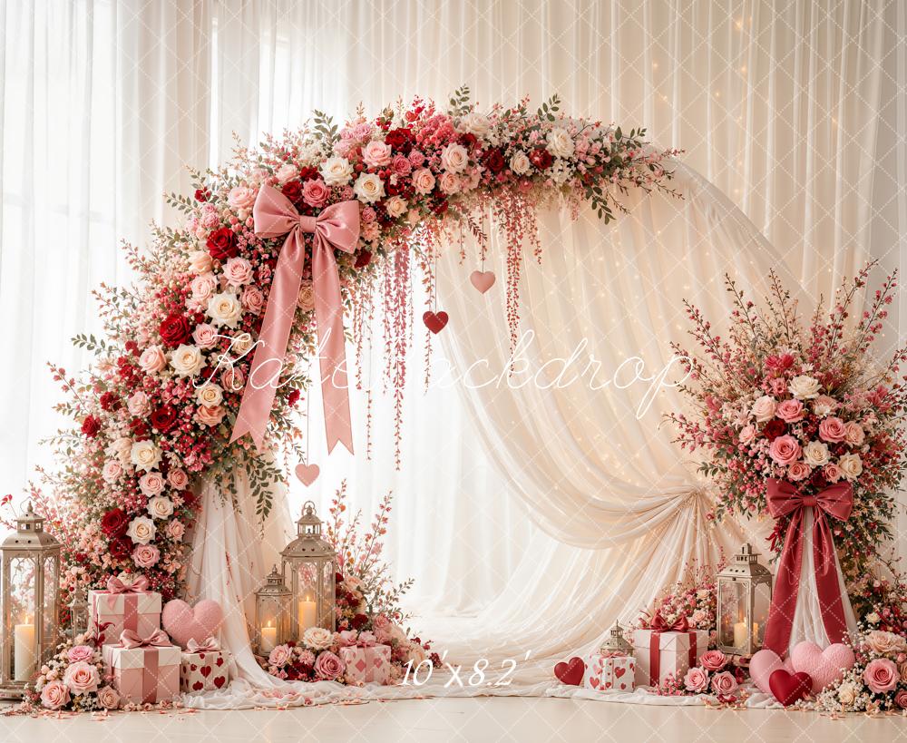 Kate Valentine's Day Circle Flower Arch Pink Roses Drapes Printed Backdrop Designed by Emetselch