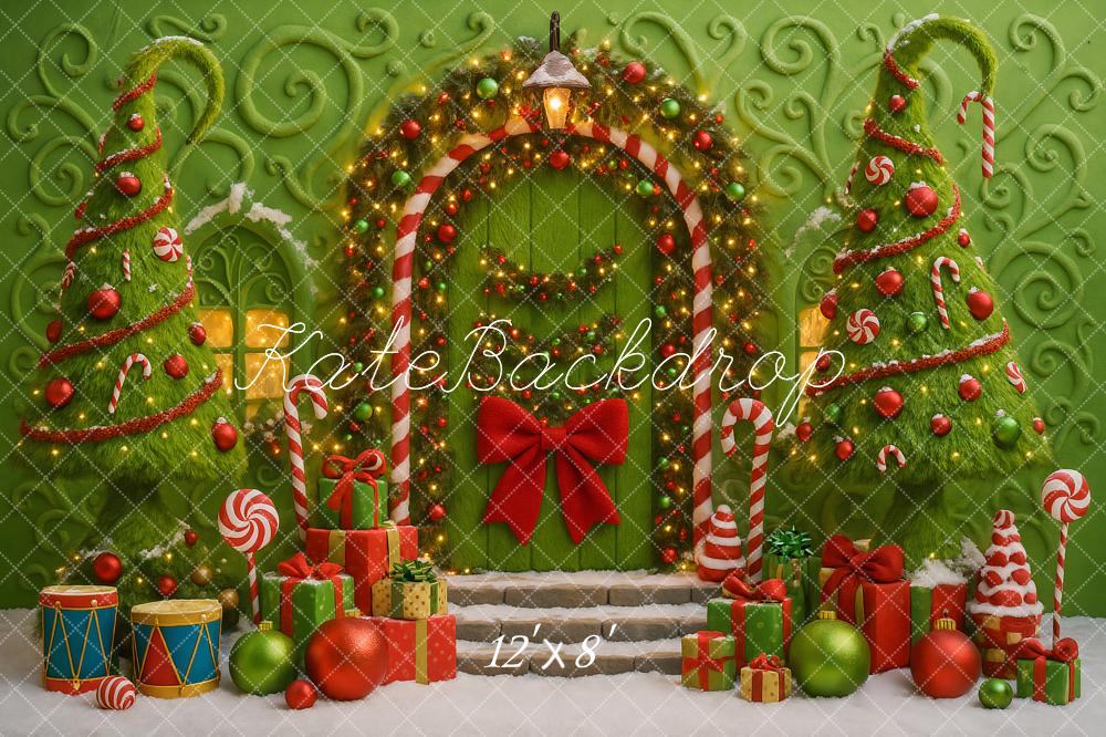 Kate Christmas Witch Door Green Candy Arch Trees Gifts Backdrop Designed by Ashley Paul