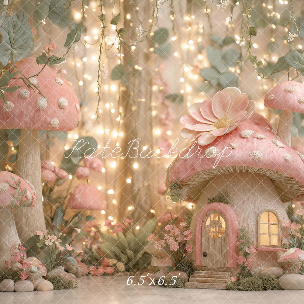 Fondo de Casa de Hongo de Fantasía de Hadas en el Bosque con Luces Diseñado por Ashley Paul