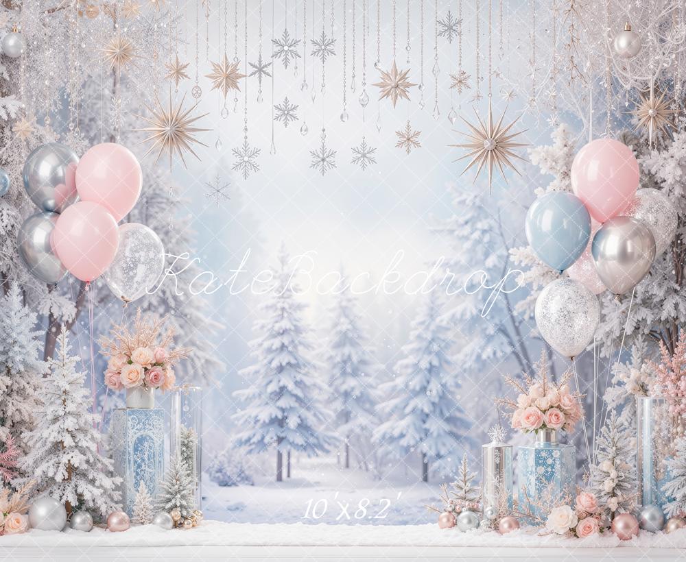 Kate Christmas Snowy Trees Balloons Ornaments Printed Backdrop Designed by Shutter Swan Studios