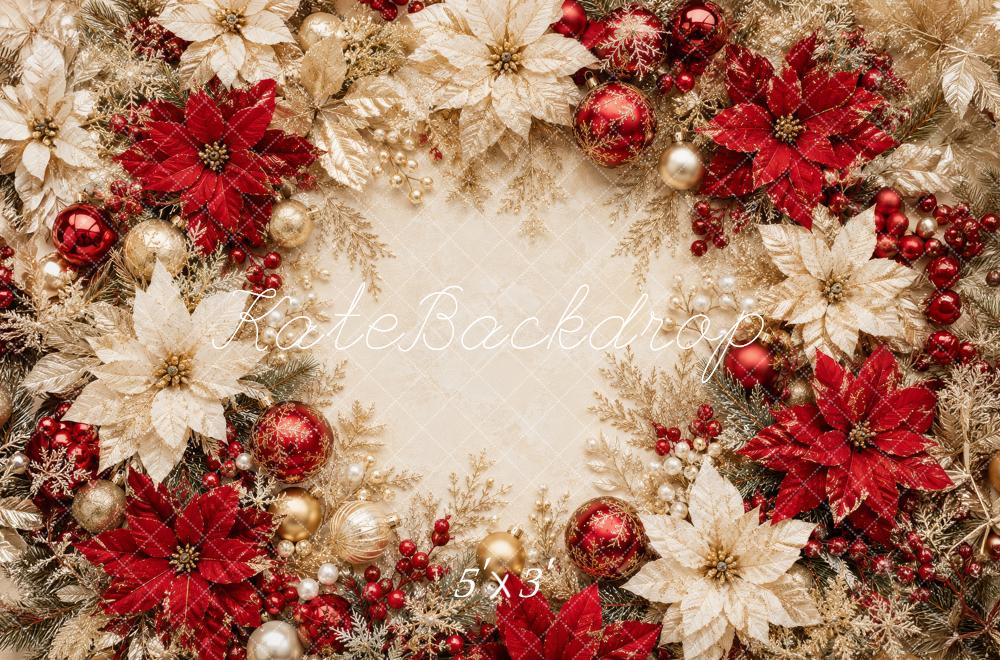 Kate Christmas Red Gold Poinsettia Wreath Ornaments Printed Backdrop Designed by Megan Leigh Photography