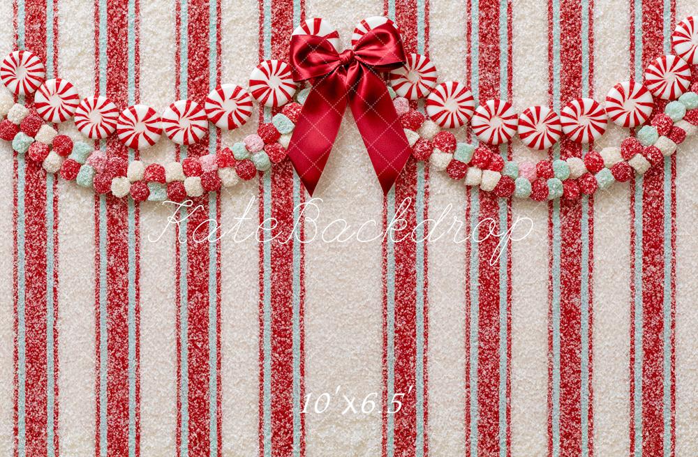 Kate Christmas Peppermint Candy Bow Stripes Printed Backdrop Designed by Angela Miller