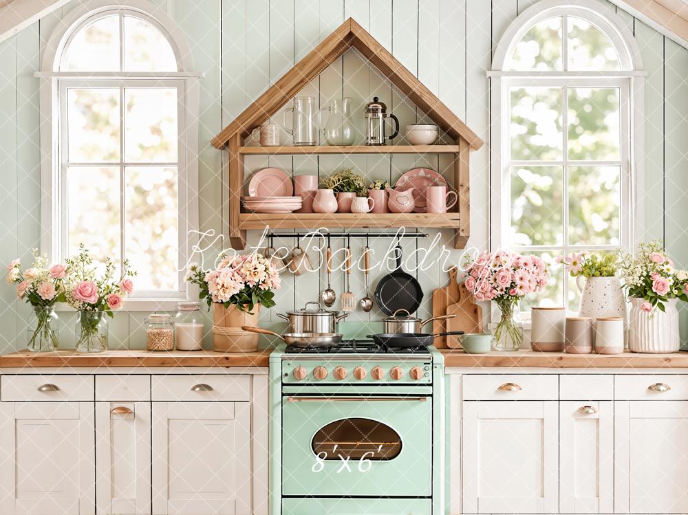 Kate Pastel Kitchen Floral Shelf Mint Stove Backdrop Designed by Emetselch