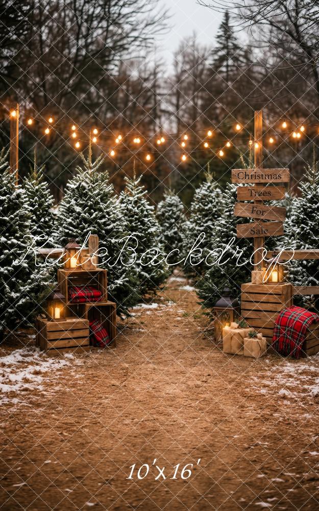Kate Sweep Christmas Tree Farm Snowy String Lights Printed Backdrop Designed by Happy Squirrel Design