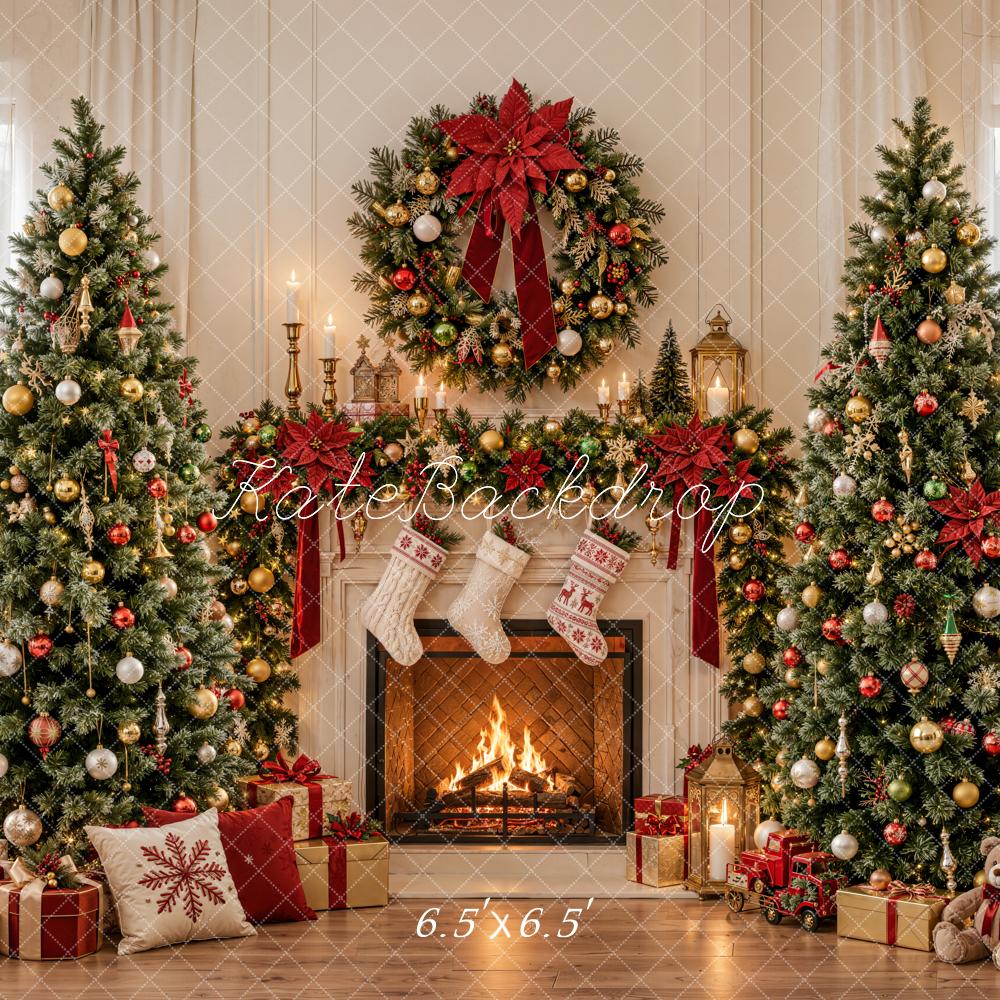 Kate Christmas Fireplace Ornaments Christmas Trees Wreath Printed Backdrop Designed by Emetselch