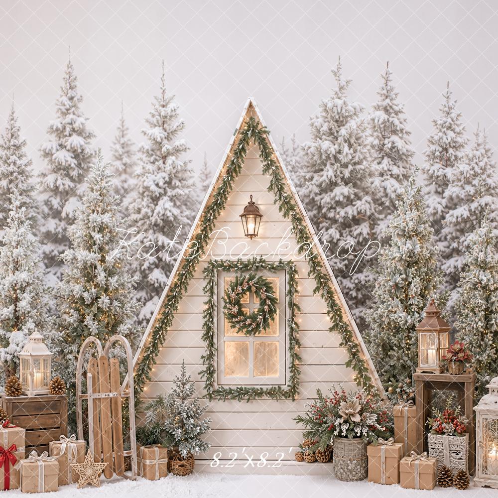 Kate Christmas Rustic Cabin Snowy Trees Lanterns Gifts Printed Backdrop Designed by Emetselch