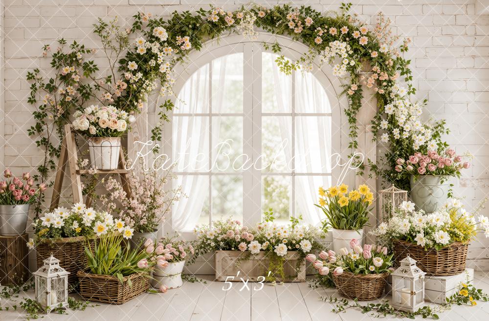 Kate Spring Flower Arch White Curtains Window Printed Backdrop Designed by Emetselch
