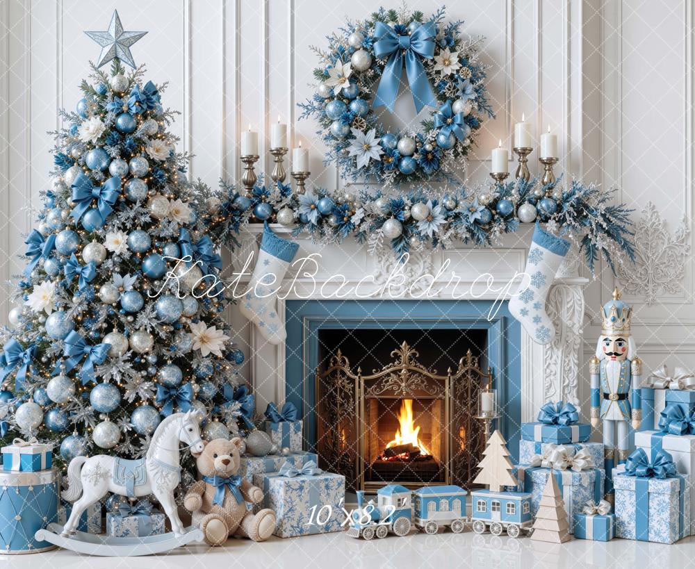 Kate Christmas Tree Blue Fireplace Wreath Gifts Winter Wonderland Printed Backdrop Designed by Mini MakeBelieve