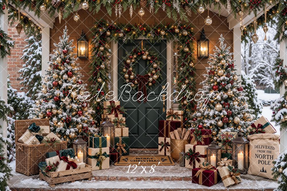 Kate Christmas Snowy Front Porch Trees Wreath Gifts Printed Backdrop Designed by Shutter Swan Studios
