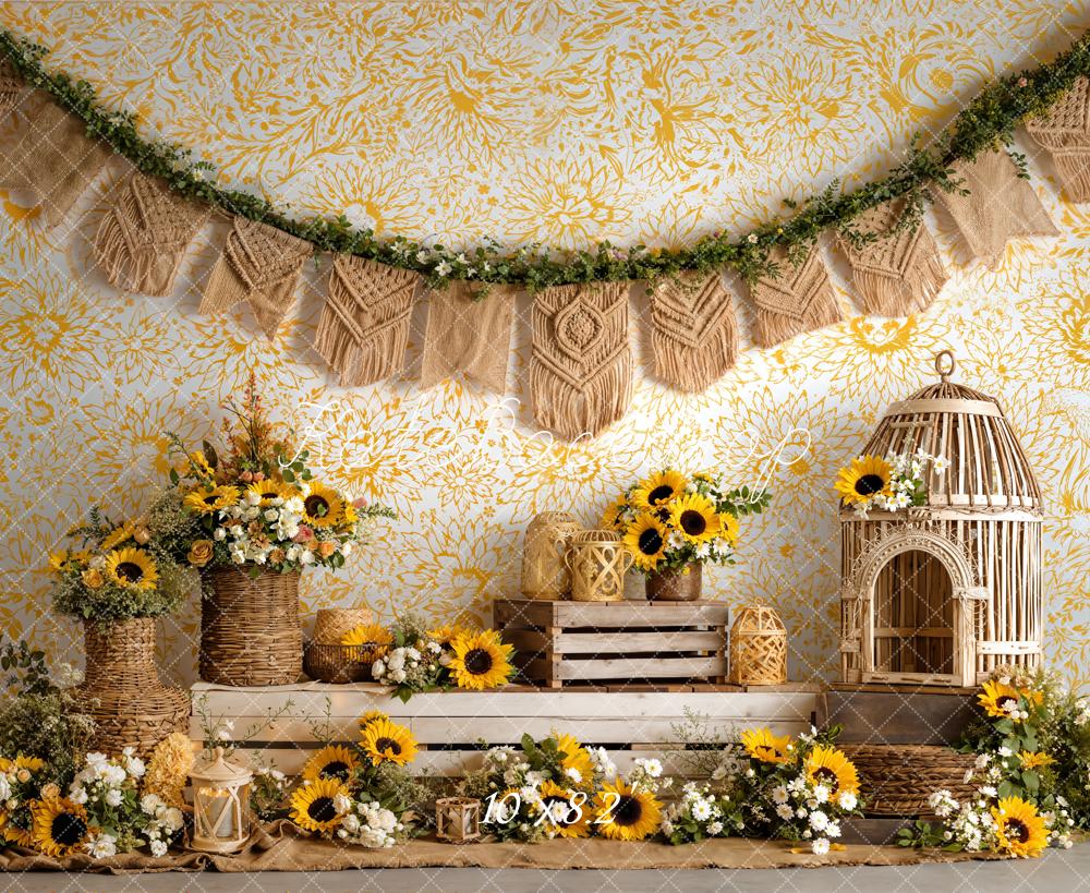 Kate Boho Sunflower Wicker Basket Birdcage Yellow Floral Printed Backdrop Designed by Emetselch