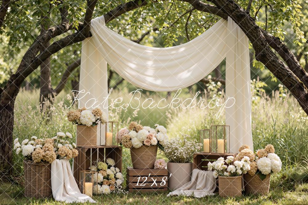 Kate Flower Arch Cream Drapes Rustic Baskets Printed Backdrop Designed by Mini MakeBelieve