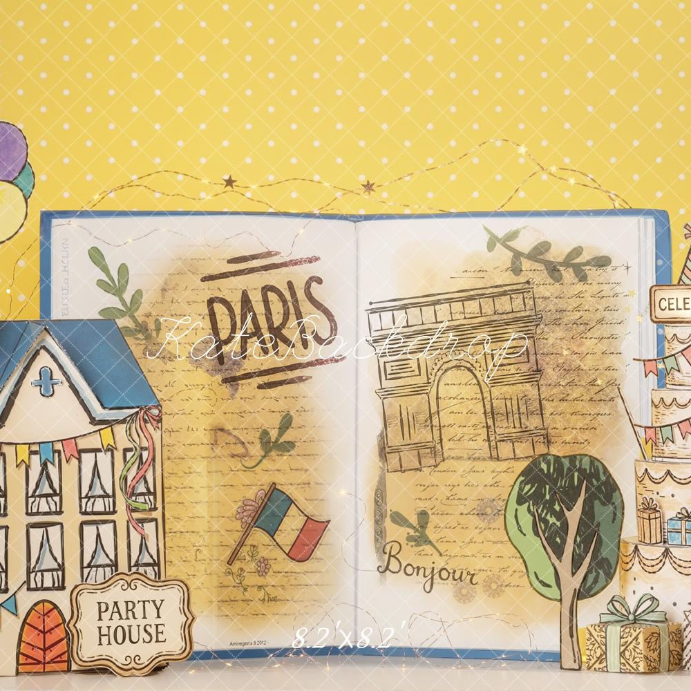 Kate Paris Party House Open Book Balloons Cake Printed Backdrop Designed by Emetselch